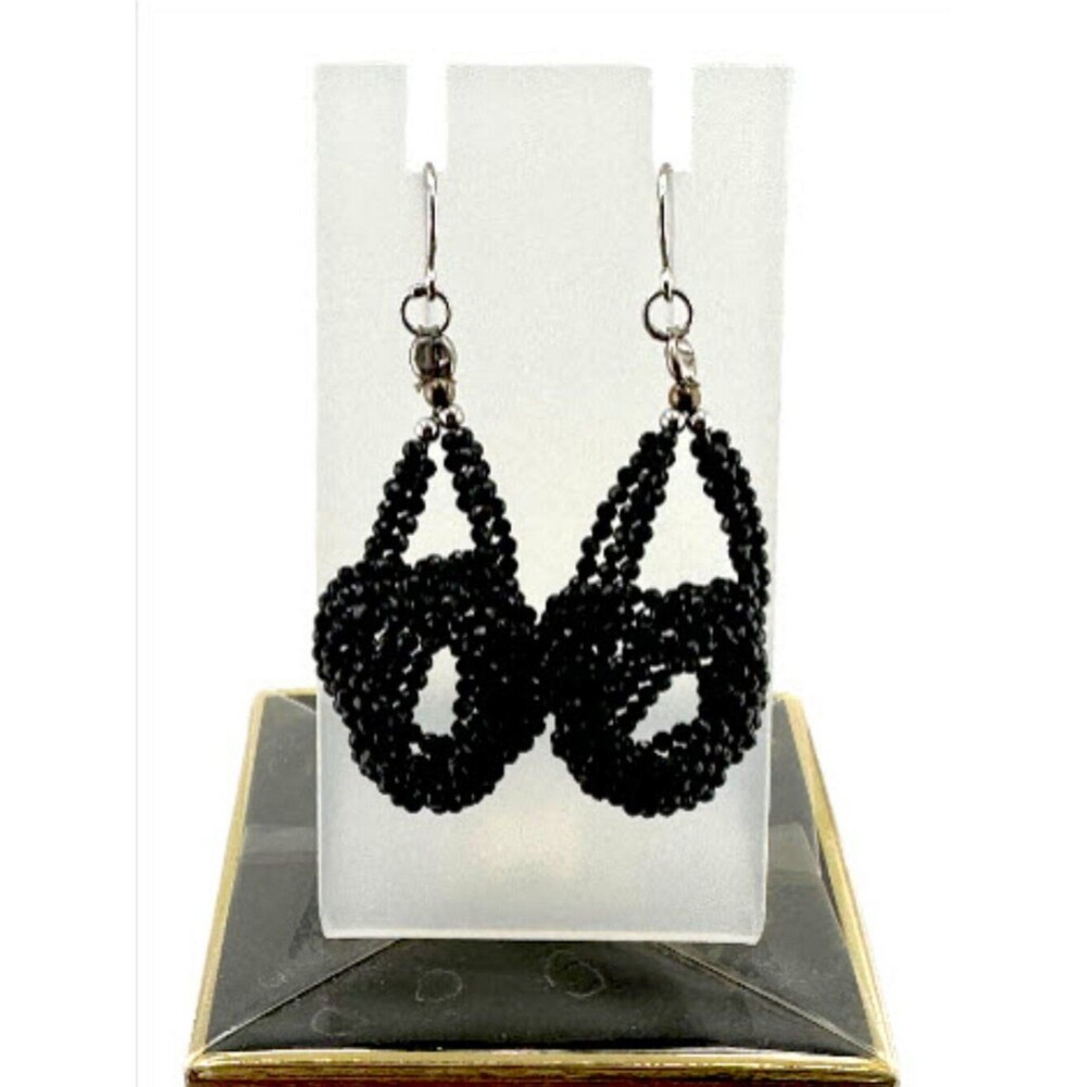 Vintage Black Faceted Beaded Earrings Elegant Openwork Sculptural Dangle 2.5"